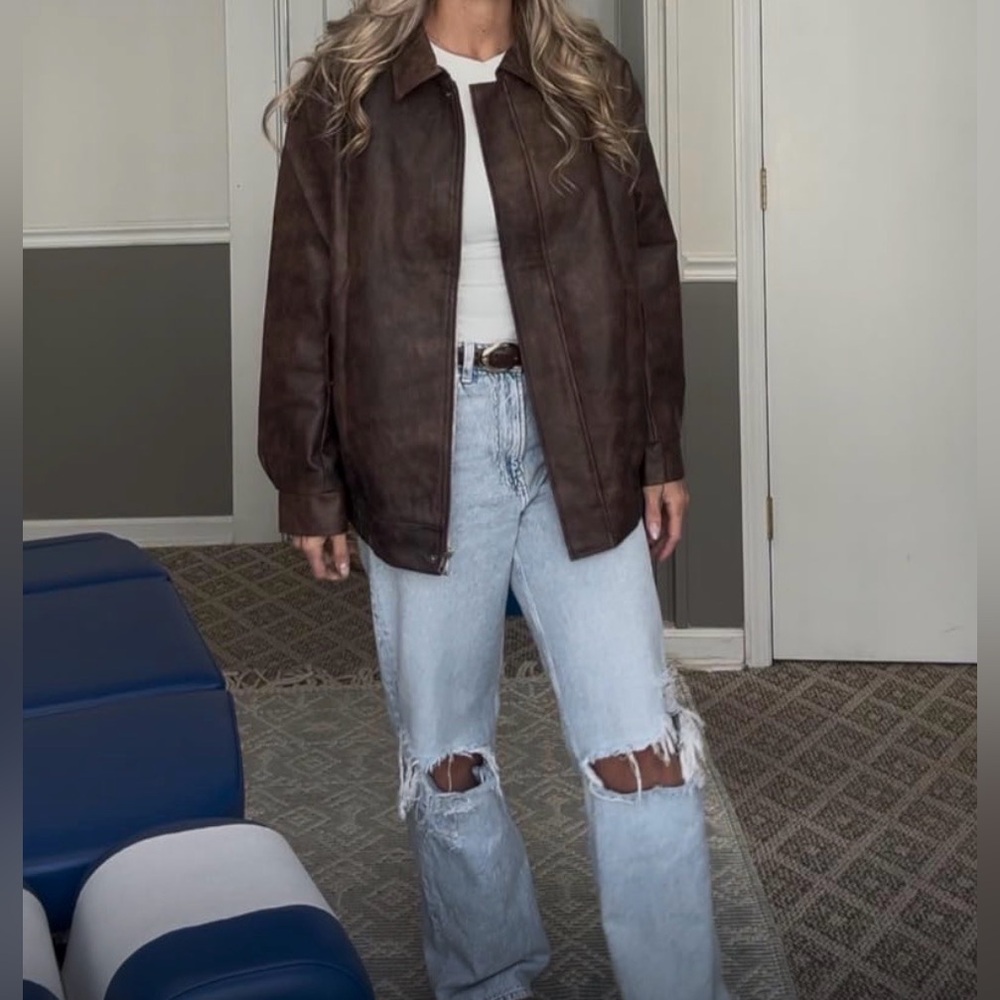 Casly Lamiit Faux Leather Jacket Oversized Motorcycle Zipper Bomber Coat